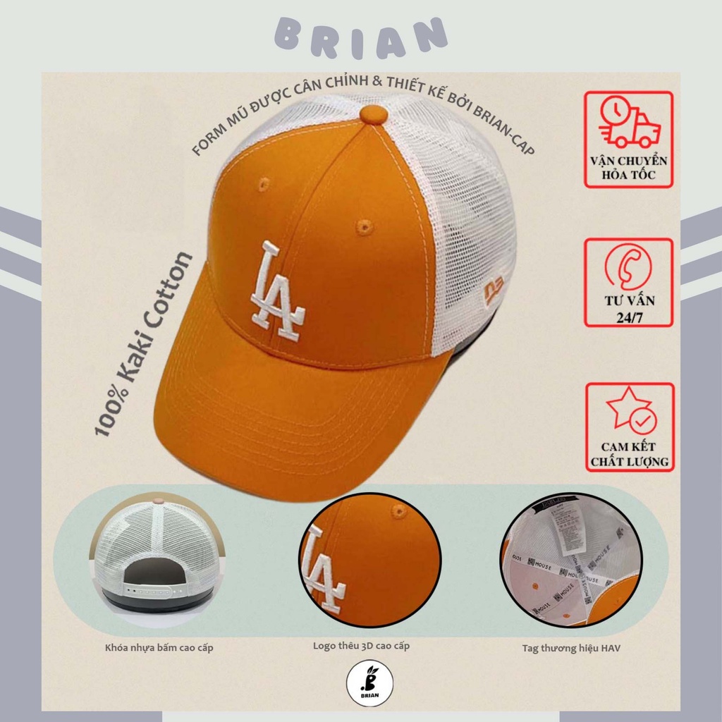 Mũ lưỡi trai lưới cam MLB thêu chữ LA trắng Hàn Quốc, nón kết lưỡi trai phong cách Hàn quốc LA cao cấp, hàng xuất dư.