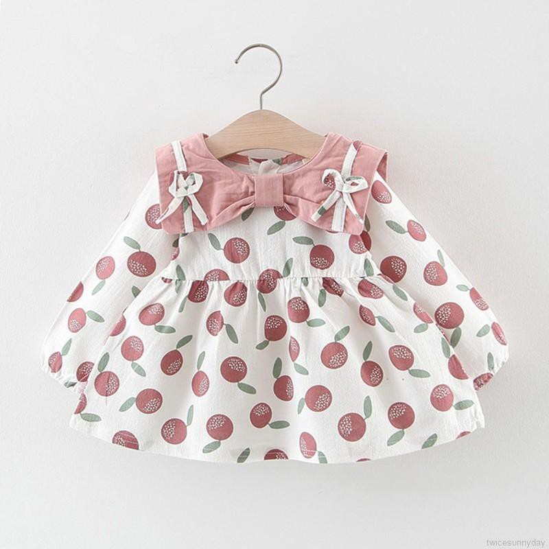 Đầm dài tay in họa tiết trái cây xinh xắn dành cho bé gái