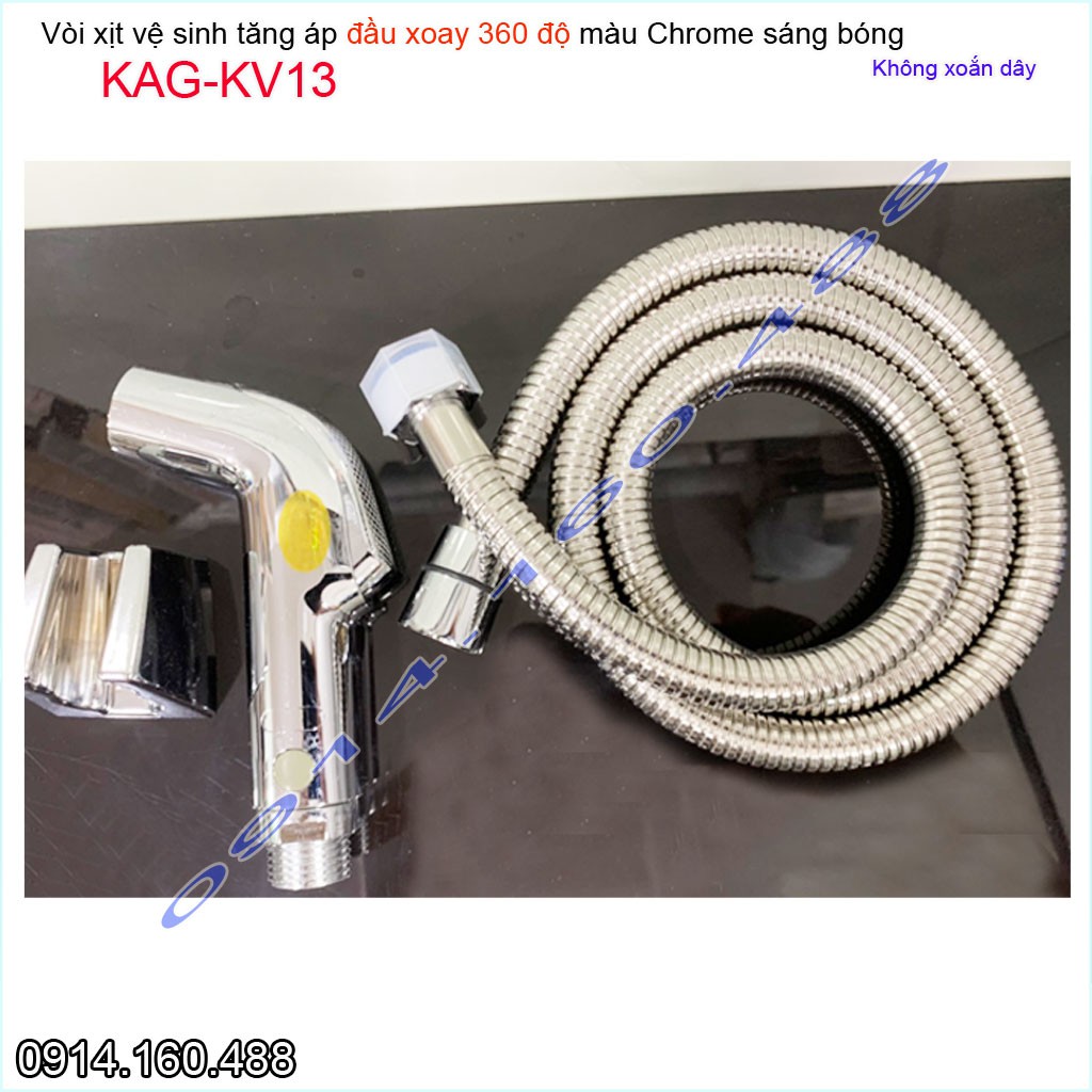 Vòi xịt vệ sinh KAG-KV13 xoay 360 độ dây không xoắn, vòi rửa ấn tay bồn cầu Crom bóng tia nước mạnh chịu áp lực