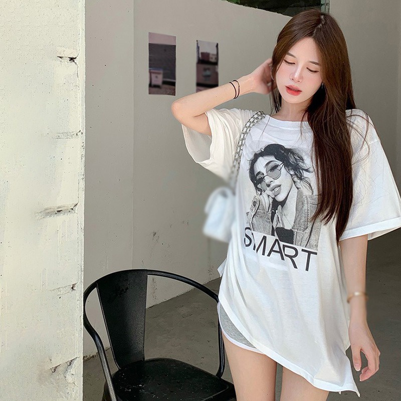 Áo Thun Nữ Ngắn Tay Cổ Tròn In Chữ Phong Cách Hàn Quốc