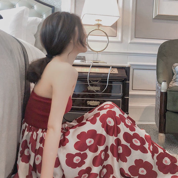 Jiashucheng Đầm Ống Phồng Lưng Cao Hở Xương Quai Xanh Gợi Cảm Thanh Lịch Dễ Phối Đồ Mùa Hè