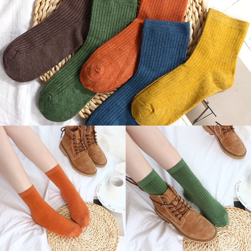 Vớ tất gân trơn nữ cao cổ phong cách vintage nhiều màu chất dày dặn