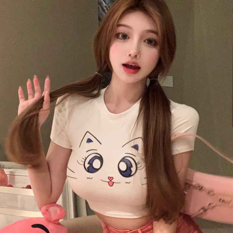 Áo Thun Croptop Tay Ngắn Cổ Tròn In Hoạt Hình Kiểu Hàn Quốc Thời Trang Mùa Hè Năng Động
