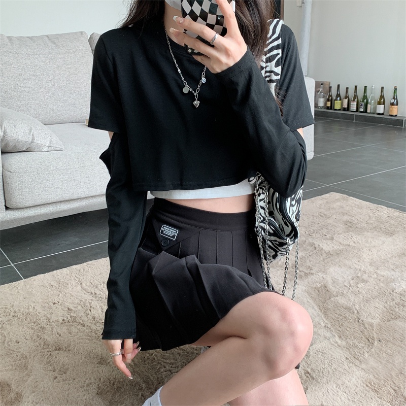 【ZHELIHANGFEI】Áo Thun Dài Tay Hở Eo Thiết Kế Giản Dị Thời Trang