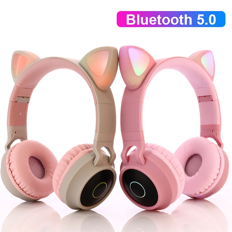 Tai Nghe Chụp Tai Basspal Công Nghệ Bluetooth 5.0 Không Dây Trang Trí Đèn LED Thiết Kế Tai Mèo Dễ Thương Hỗ Trợ Thẻ TF