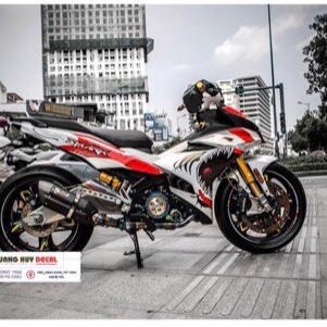 tem trùm exciter 150 cá mập trắng đỏ, team trùm, decal xe. chuyên thiết kế in ấn tem xe đẹp rẻ chất lượng