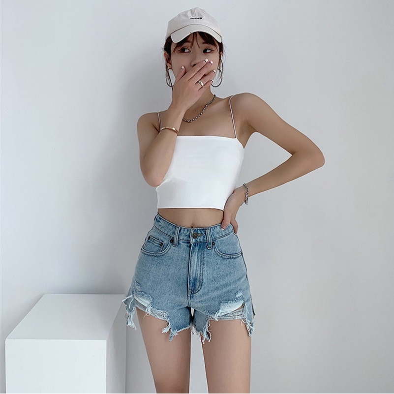 Quần short denim lưng cao ống rộng xẻ tà thời trang mùa hè cho nữ
