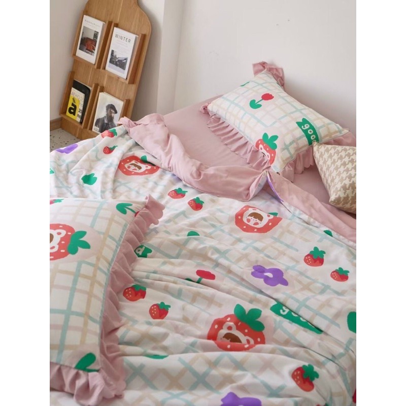 Sét hè cotton đũi chăn trần bông phối bèo ngắn cao cấp Hàn Quốc( tặng kèm vỏ ôm cùng bộ m6)