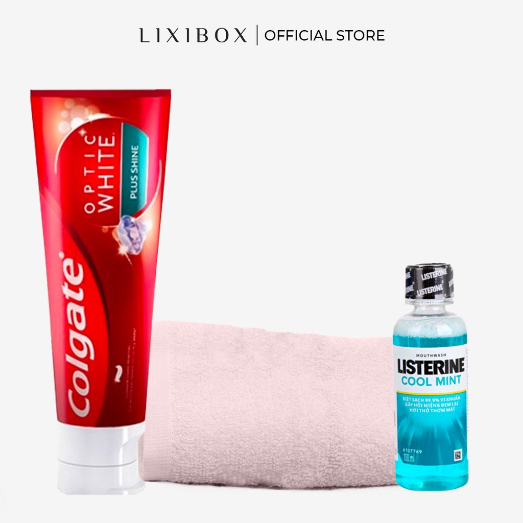 [HB Gift] Kem Đánh Răng Colgate Optic White Plus 100G, Khăn mặt Cotton Lixibox Màu Hồng, Nước súc miệng Listerine 100ml