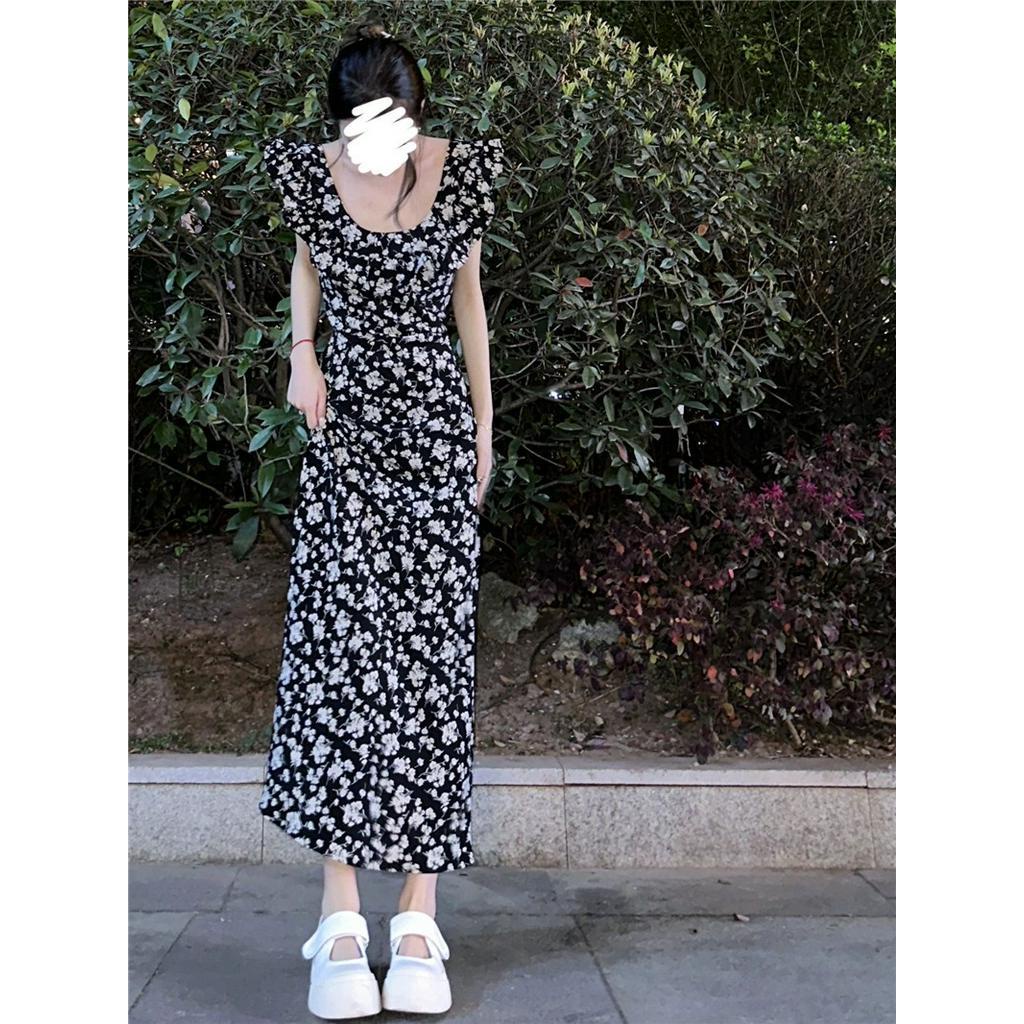 Đầm Đen Dáng Ôm In Hoa Phối Bèo Nhún Kiểu Pháp 62470