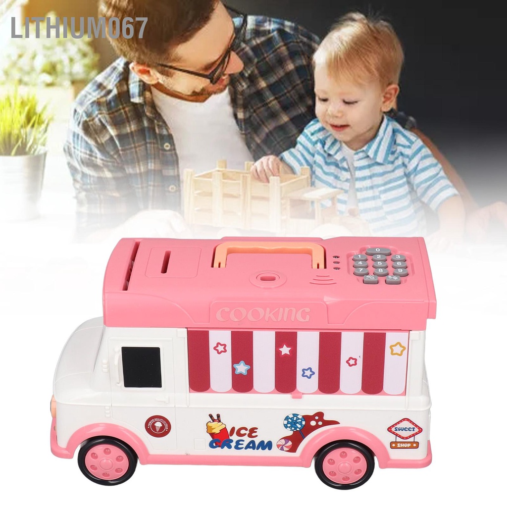 Lithium067 Trẻ em Money Bank Bus Shaped Password Điều khiển từ xa Mở khóa Âm nhạc Hộp đựng tiền điện tử