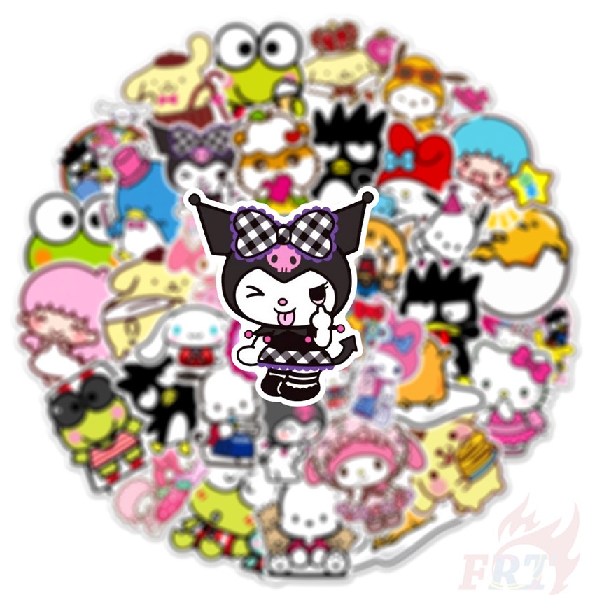 Set 100 miếng sticker nhân vật hoạt hình Melody Kuromi Kerokero Keroppi Cinnamoroll Hello Kitty dán trang trí DIY