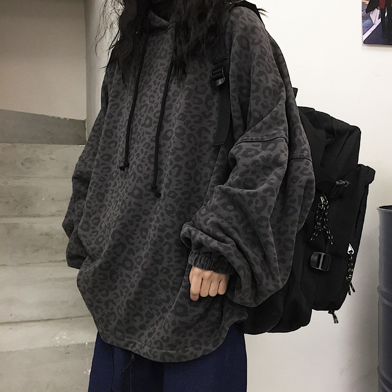 Áo hoodie tay dài dáng rộng họa tiết da báo sẫm màu phong cách hiphop dành cho nữ sinh Tf1 | BigBuy360 - bigbuy360.vn
