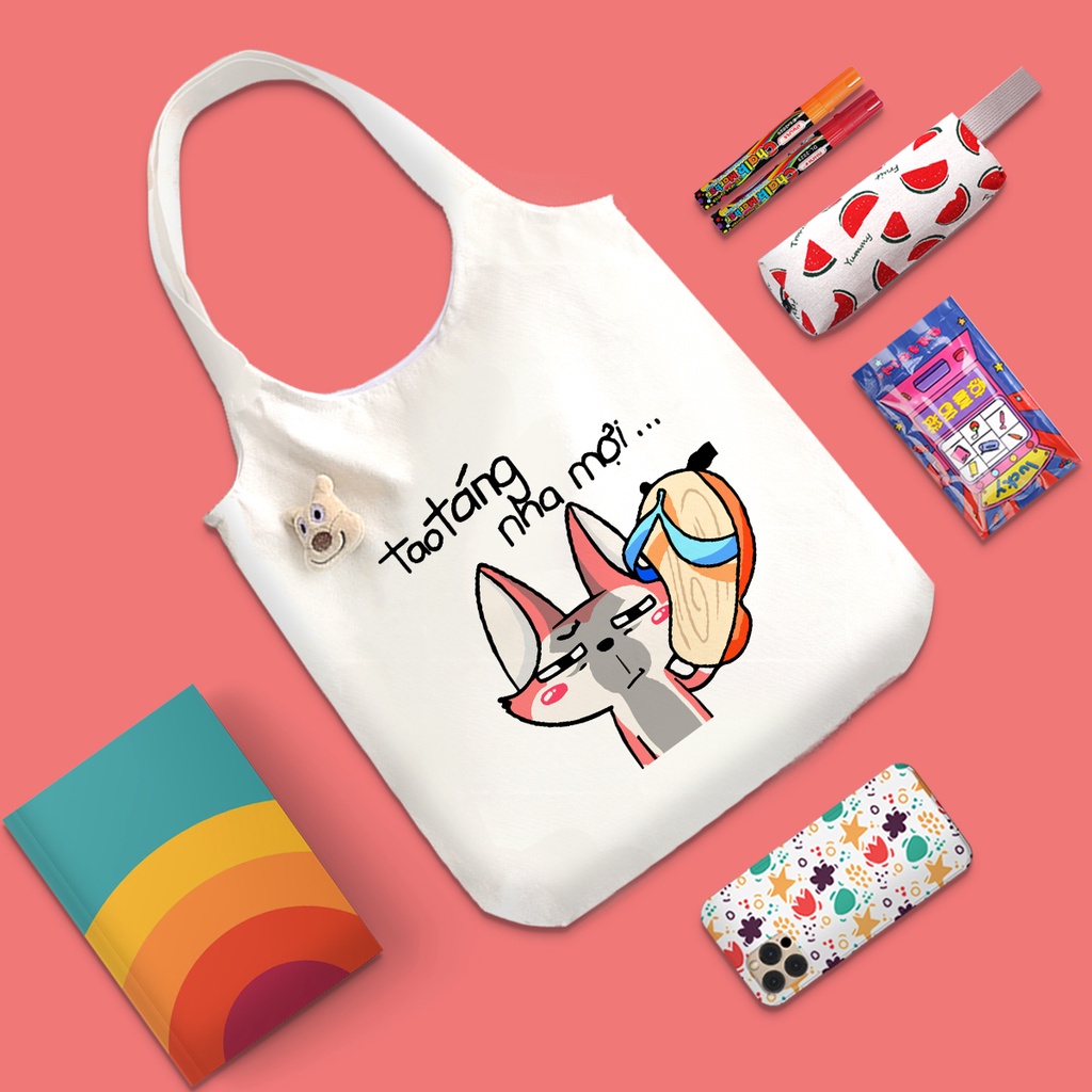 Túi Tote Canvas Quai Tròn Mèo Hiro Có Khóa Miệng Túi phong cách nữ tính và dễ thương, túi vải canvas