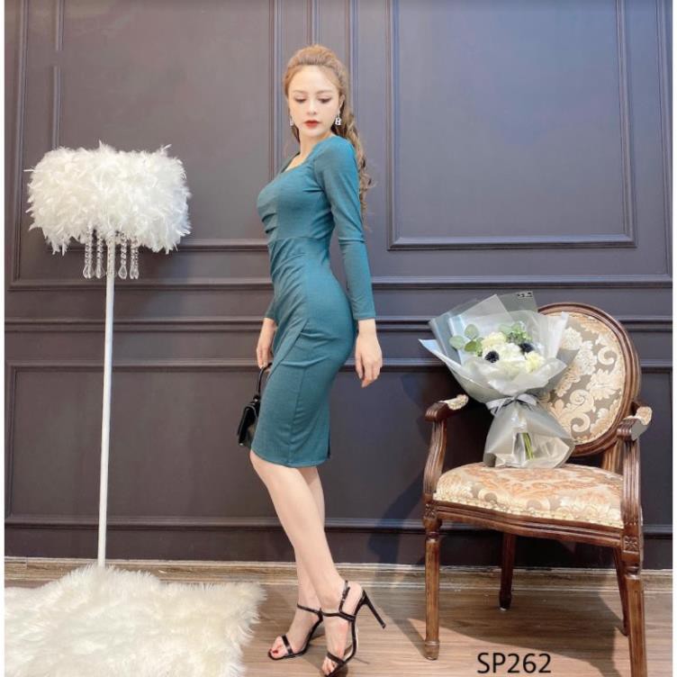 ADIOS Váy nhũ sạn cổ vuông vạt xếp, đầm công sở sang trọng, quyến rũ SP262 | BigBuy360 - bigbuy360.vn