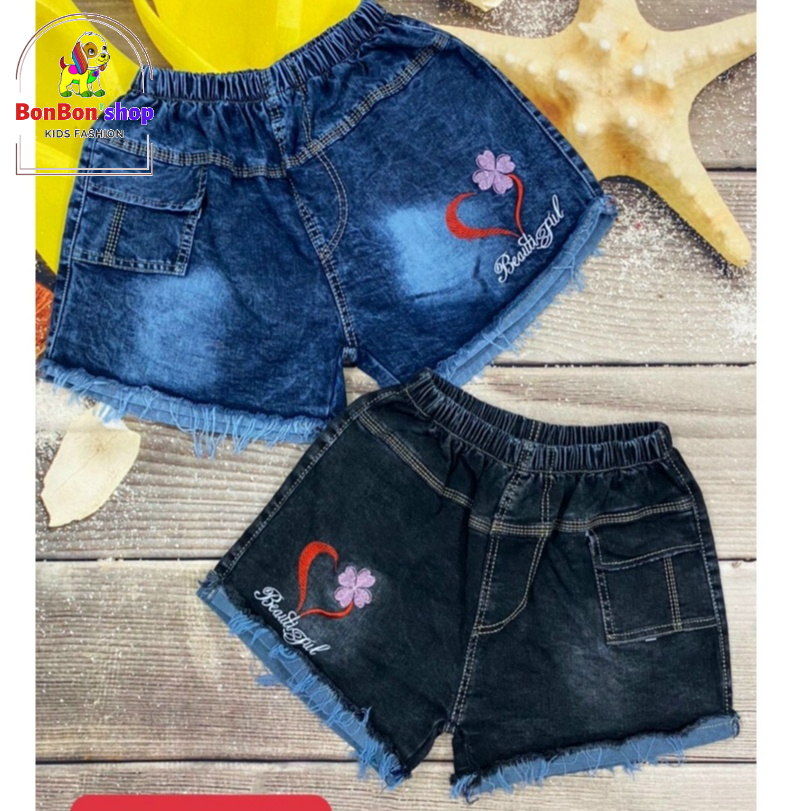 (ảnh tự chụp 100%) Quần đùi jean cho bé gái xuất khẩu vải mềm co giãn họa tiết BONSHOP-QJ02