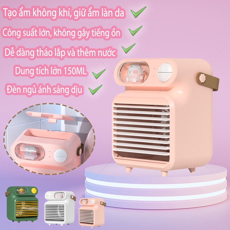 Quạt Điều Hòa Hơi Nước Mini Tích Điện Máy Làm Mát Không Khí  Để bàn 3 Chế độ gió tạo ẩm lọc không khí Đèn ngủ trang trí