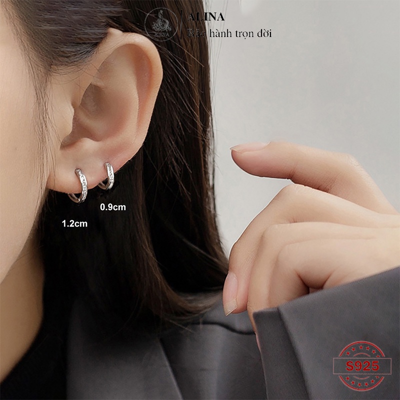 Khuyên Tròn Bạc 925 Dày 2.4mm Bấm Bật Đính Đá Đơn Giản Khoen Tròn Nam Nữ ALINA 1047