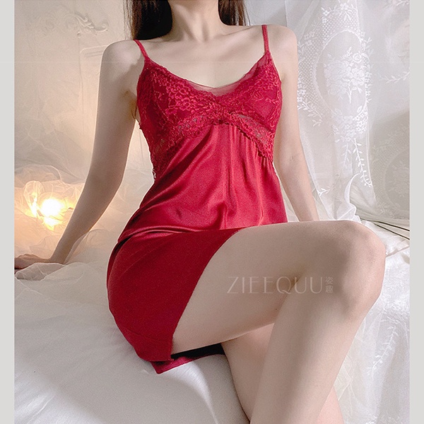 Váy ngủ 2 dây mặc nhà phối ren ngực sexy gợi cảm đầm ngủ nữ kèm quần lọt khe đen đỏ mềm mịn đáng yêu BIKI HOUSE N141