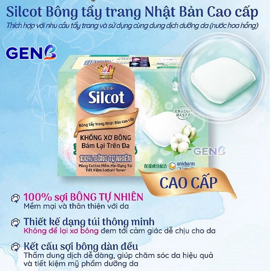 Hộp Bông Tẩy Trang Silcot NHẬT BẢN CAO CẤP Premium Xanh Lá 66 Miếng Đôi UNICHARM Skincare Mỹ Phẩm GENB