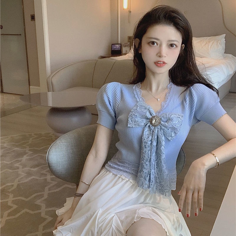 Áo Thun Ngắn Tay Lưng Cao Phối Ren Đính Nơ Thời Trang Cho Nữ  tao bao