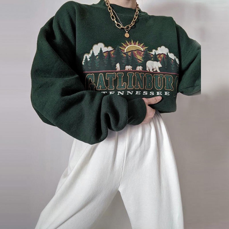 Áo sweater kiểu chui đầu dáng rộng mỏng in hình thời trang xuân thu phong cách Retro