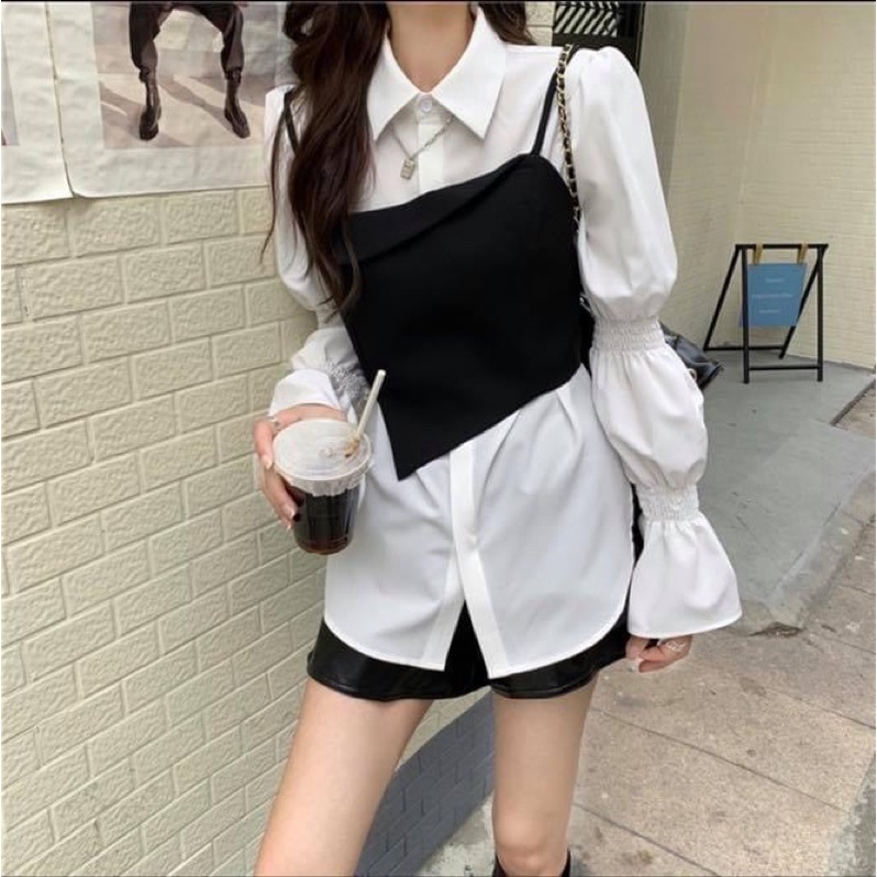Set áo sơ mi kiểu nữ tay dài phồng trắng thiết kế cao cấp kèm áo hai dây croptop mặc kèm trơn đen - Order