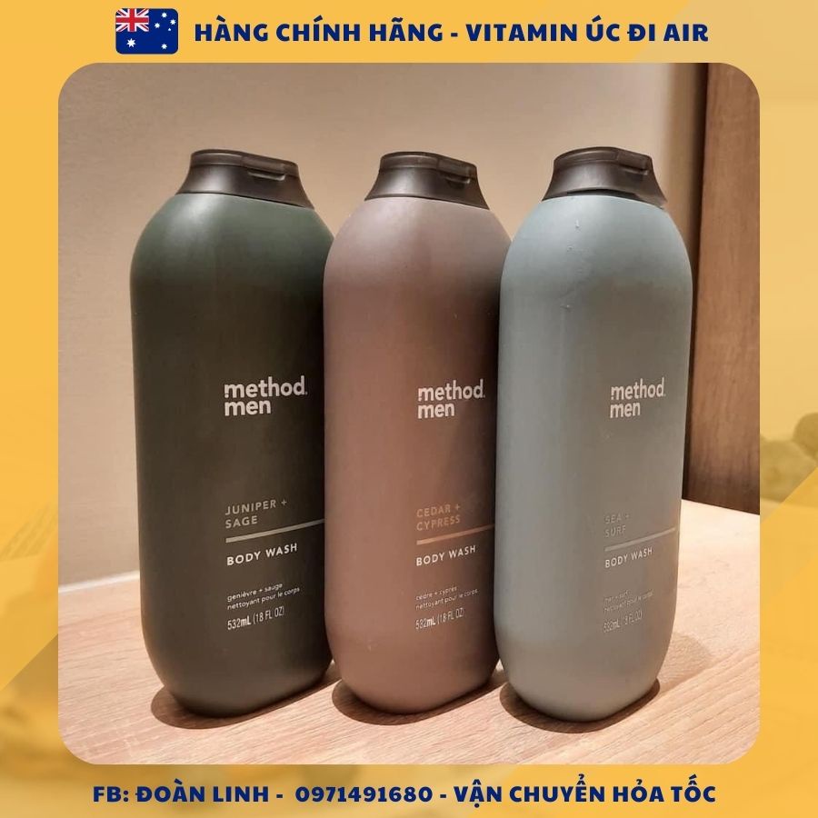 Sữa Tắm Dành Cho Nam Method Men Body Wash 532ml, Hàng Chuẩn úc đi air, Sữa Tắm organic Method Body Wash