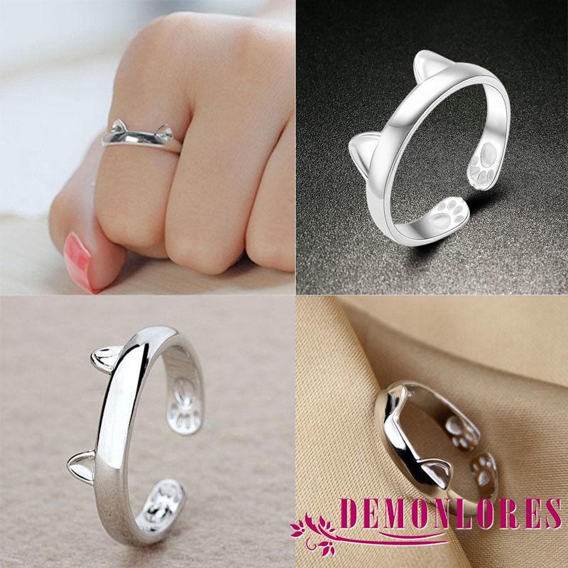 ❀DEM☞New Fashion Women Silver Cute Cat Kitten Ears Animal Design Ring Adjustable Gift