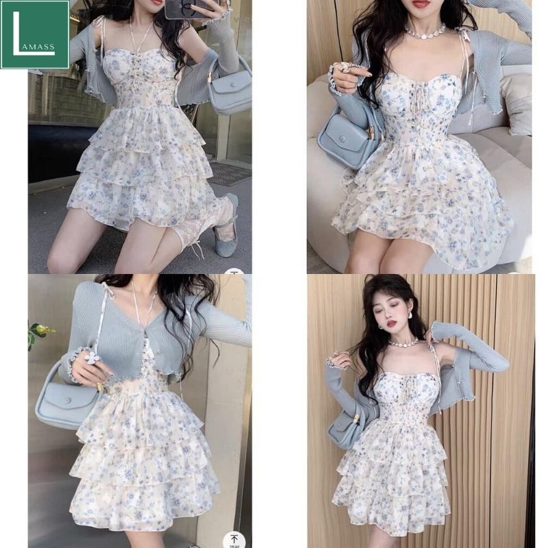 Váy voan hoa 2 dây xòe bồng tặng kèm áo choàng ngoài xám đậm kiểu dáng hàn quốc ulzzang tiểu thư dễ thương