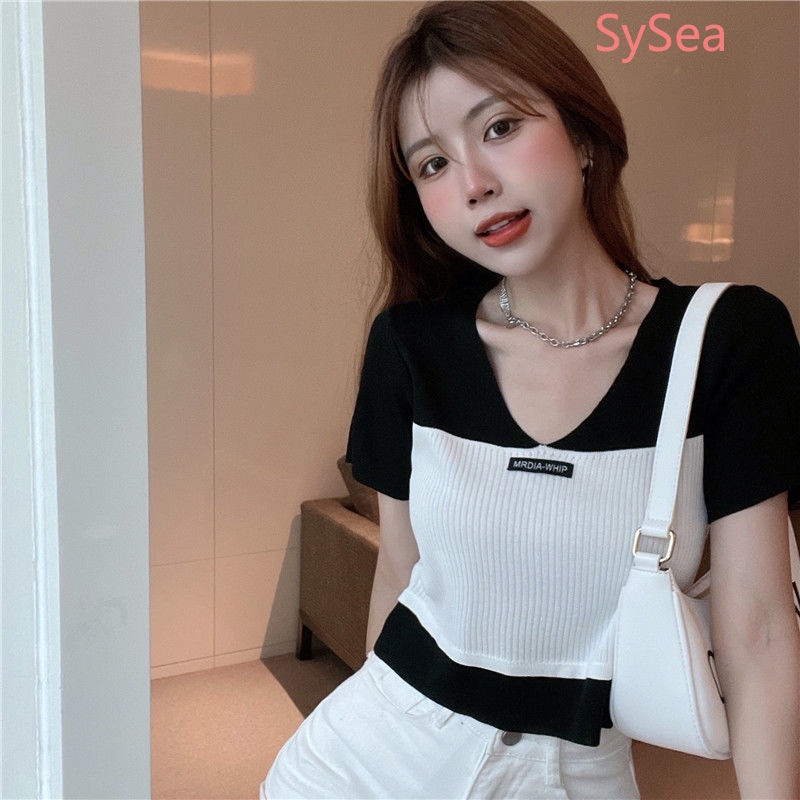Áo croptop dệt kim cổ chữ V thời trang mùa hè dành cho nữ