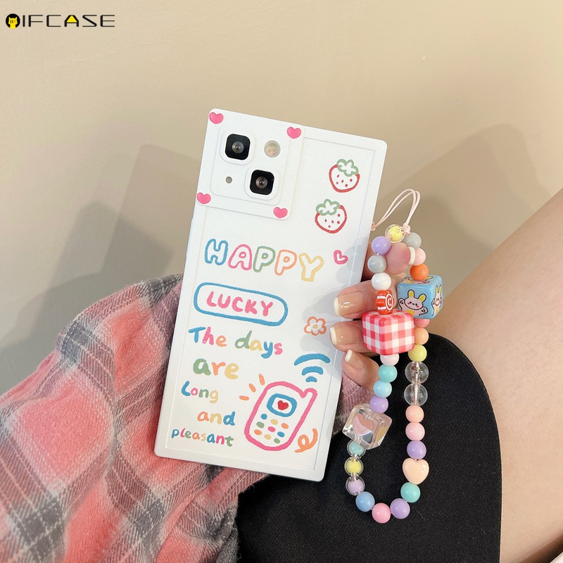 Ốp Điện Thoại Dẻo Hình Vuông Họa Tiết Trái Tim / Chữ Đơn Giản Kèm Vòng Tay &amp; Dây Đeo Cho iPhone 13 12 11 Pro Max XS Max XR X