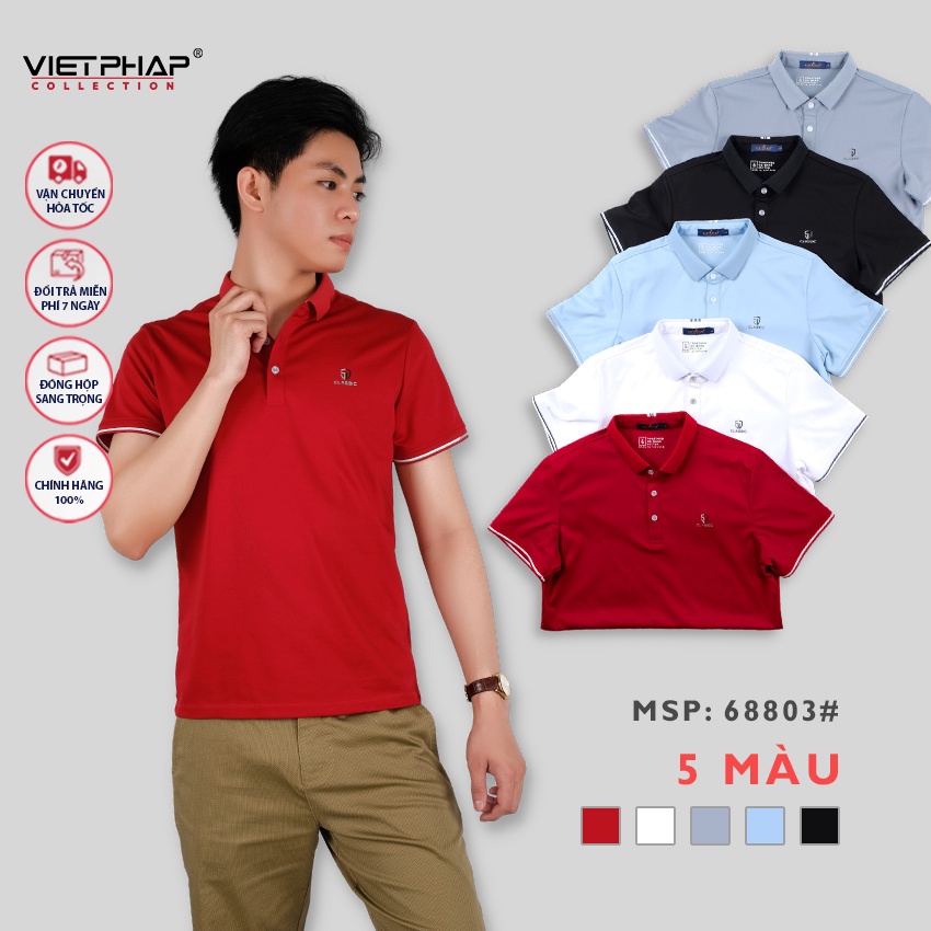 Áo Polo nam VIETPHAP phối logo thanh lịch, vải cotton, FitSoft 68803