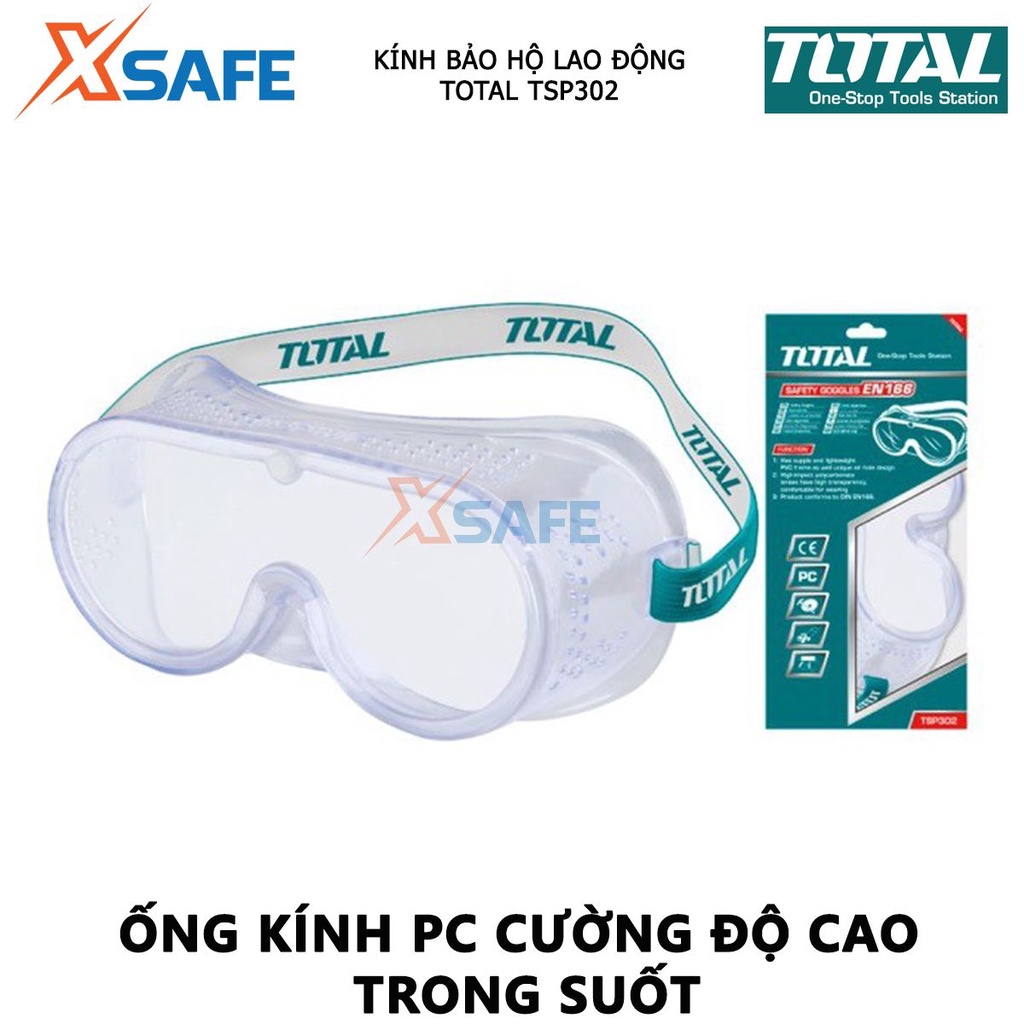 Kính bảo hộ lao động TOTAL TSP302 kính nhựa dẻo chống bụi Màu tròng kính trong suốt, khung nhựa PVC mềm và nhẹ