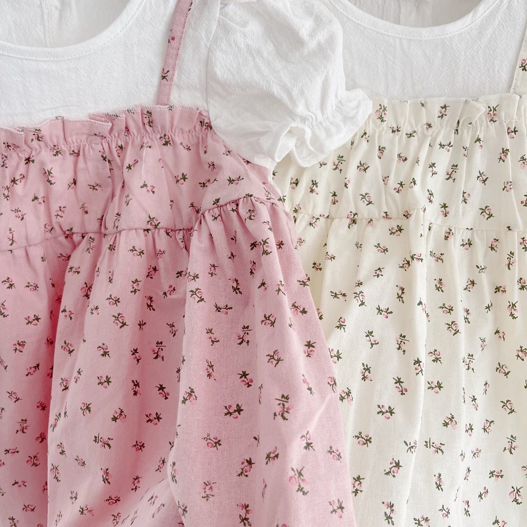 Váy hè cộc tay trắng- phối giả yếm váy hoa nhí cho be gái 8-21kg ( 6 tháng- 6 tuổi)