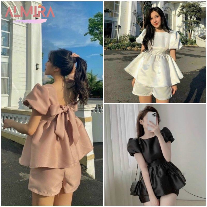 Sét Đồ Baby Doll Cổ Tròn Nơ Lưng To Tay Phồng Ulzzang, Bộ Đồ Bánh Bèo Đi Biển Cực Xinh