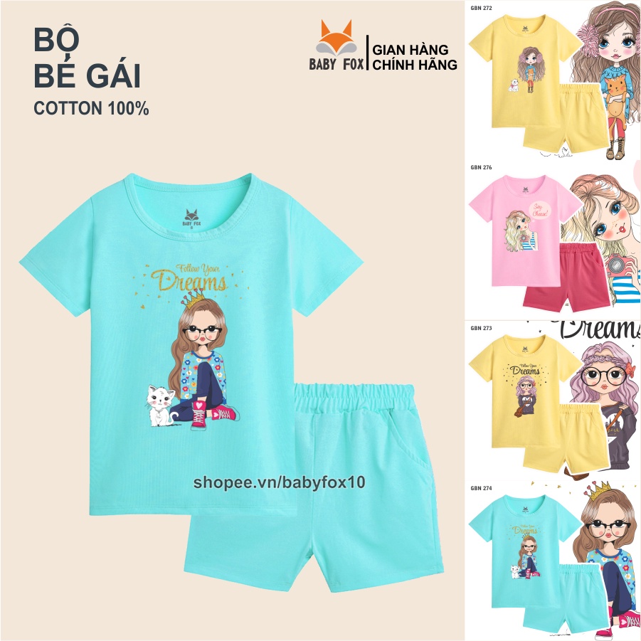 Bộ thun bé gái 100% cotton loại tốt, thương hiệu BABY FOX, in hình bé gái, size nhỏ, trung, đại b