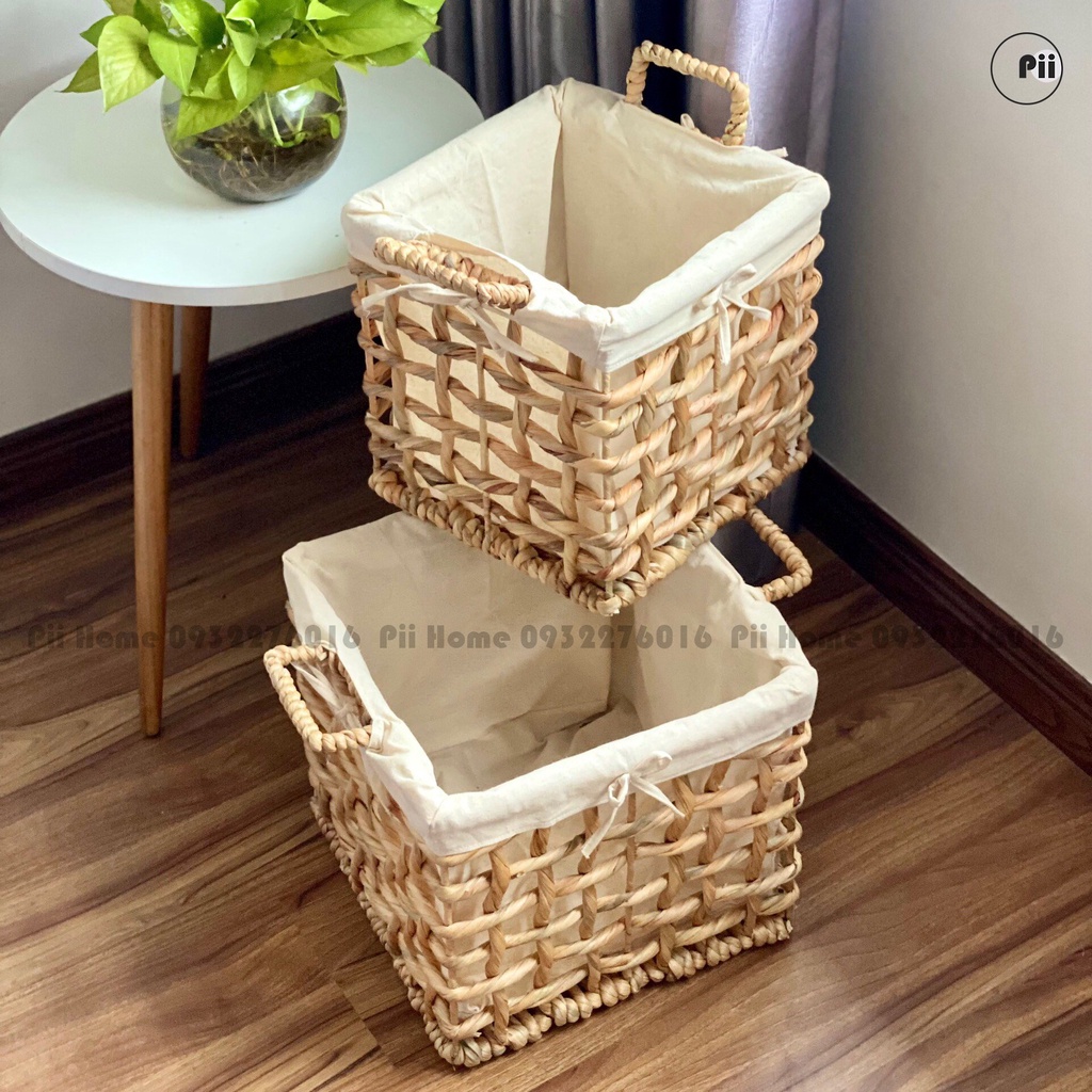 Sọt Lục Bình, Giỏ Lục Bình Vuông Đựng Đồ Đa Năng Đan Thưa Pii Home - Kèm Lót Vải Tiện Dụng