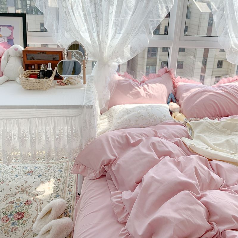 Bộ chăn ga gối Cotton tici viền bèo đáng yêu drap giường Hàn quốc ga trải bo chun đủ size - Màu Hồng phấn viền bèo