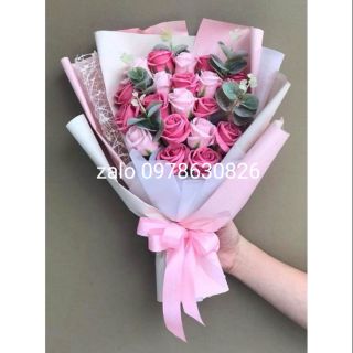 Hoa sáp thơm bó 20b tone hồng dâu & hồng phấn kết hợp lá táo.