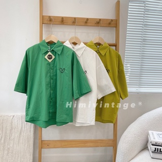 Áo sơ mi cộc tay basic thêu tim ngực