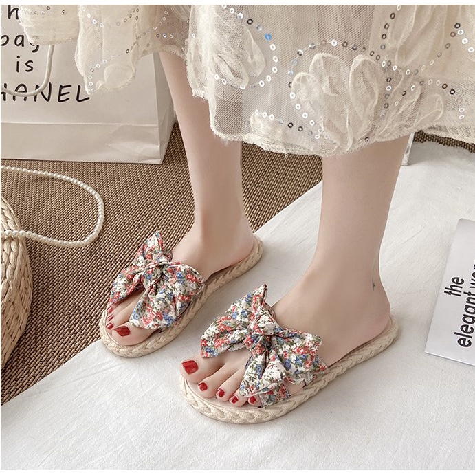 Dép nơ giả cói cut-out họa tiết hoa vintage đi biển chống trơn trượt, mang êm, nhẹ, bền