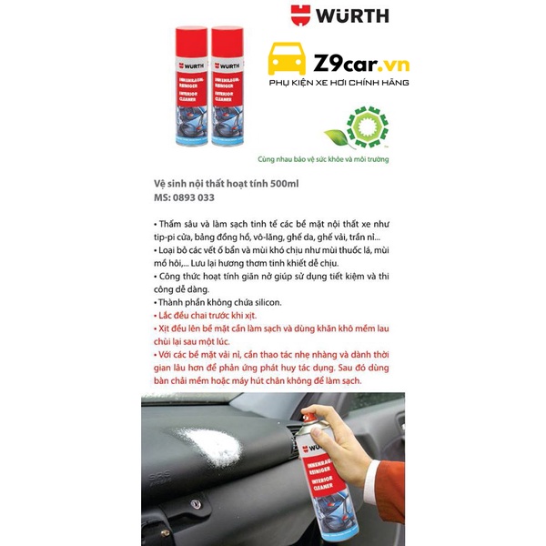 Combo vệ sinh nội thất ô tô và khử khuẩn Wurth giúp loại bỏ mùi hôi nội thất, mùi xe mới, mùi hôi điều hòa