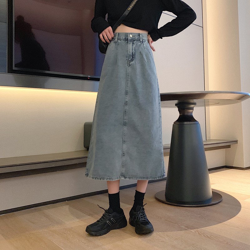 Chân Váy Denim Lưng Cao Xẻ Tà Phong Cách Vintage | BigBuy360 - bigbuy360.vn