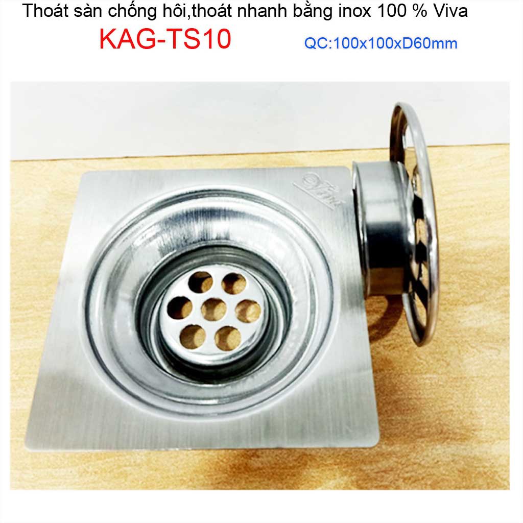 Hố ga thoát sàn Viva ống 6cm Inox mờ, phễu thoát nước chống hôi vuông 10x10cm KAG-TS10