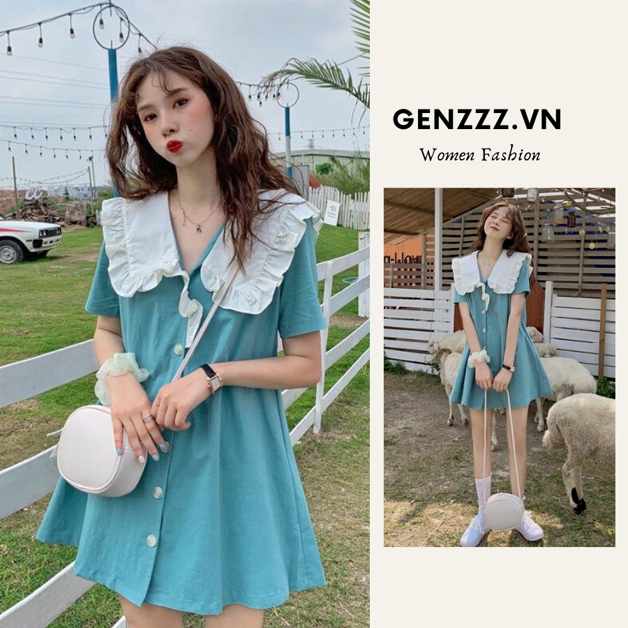 Váy suông chữ A cổ bánh bèo tay bồng có khuy Đầm Cổ Thủy Thủ Tay Ngắn Dáng Ôm Phong Cách Hàn Quốc Tặng kèm scrunchie siêu xinh Genzzz.vn