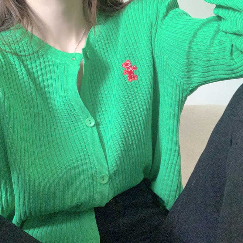 Áo khoác cardigan dệt kim mỏng tay dài thiết kế ngắn thêu hình chú gấu xinh xắn