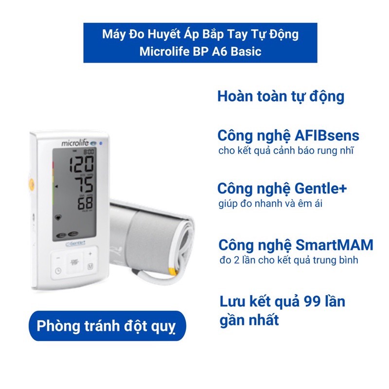 Máy đo huyết áp, máy đo huyết áp điện tử bắp tay MICROLIFE BP A6 Basic ngăn ngừa đột quỵ bảo hành 60 tháng