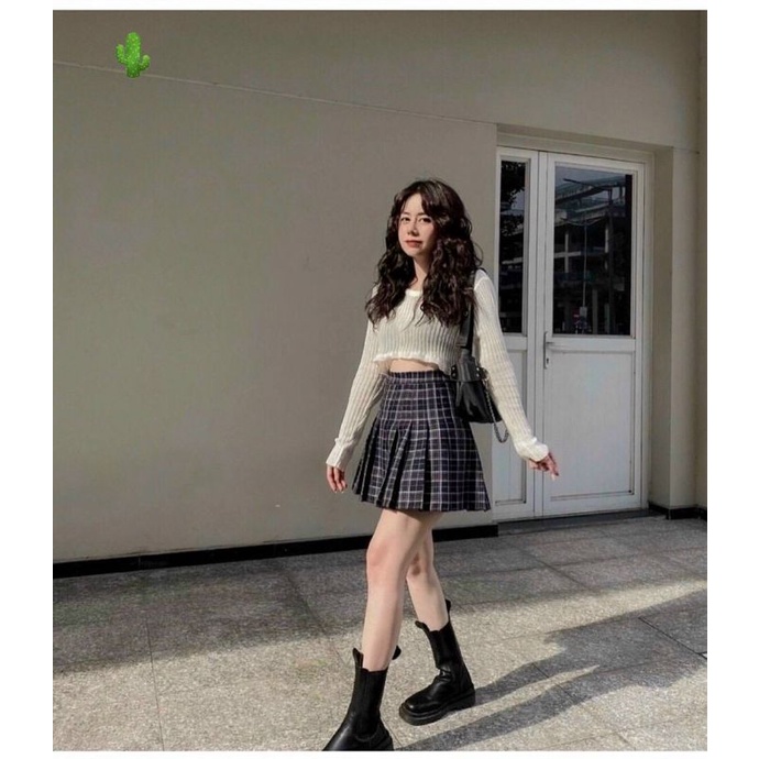 Sét áo croptop + chân váy caro xếp li (có lót trong)