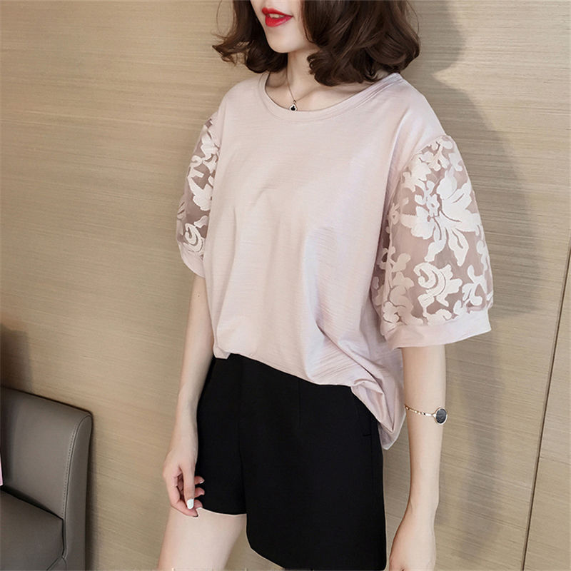 Áo Thun Cotton Ngắn Tay Dáng Rộng Phối Ren Xinh Xắn Cho Nữ